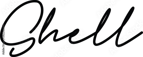 Shel text. Only one single word. Printable graphic tee. Design doodle for print. Vector illustration. Colourful. Hand drawn calligraphy style. Black and white