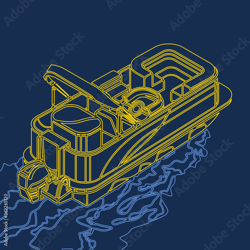 Editable Three-Quarter Top Oblique View Empty Isometric-like American Pontoon Boat on a Wavy Lake Vector Illustration in Outline Style for Transportation or Recreation Related Design