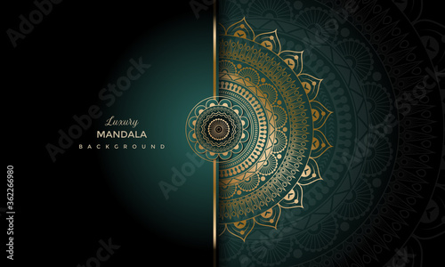 Luxury geometric gold gradient dark green mandala background. Design for any card, birthday, other holiday, kaleidoscope, yoga, india, folk, arabic. Indian pattern wallpaper.