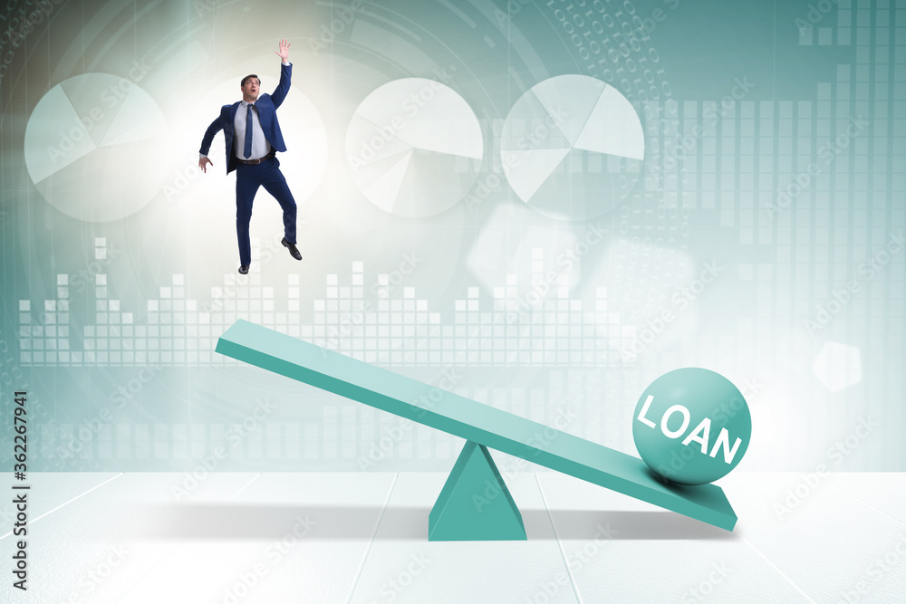 Debt and loan concept with businessman and seesaw Debt and loan concept with businessman and seesaw