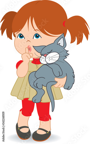 Little girl cuddles a sleeping cat or kitten and holds her finger to her lips