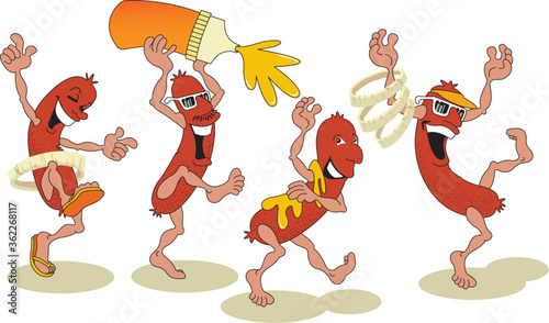 Parade of funny cartoon hotdogs or sausages marching, strutting, capering, and dancing