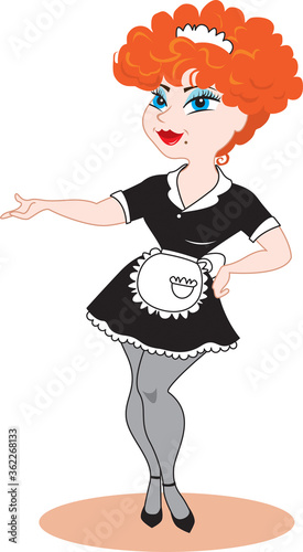 Redheaded waitress poses in classic retro uniform and frilly white apron