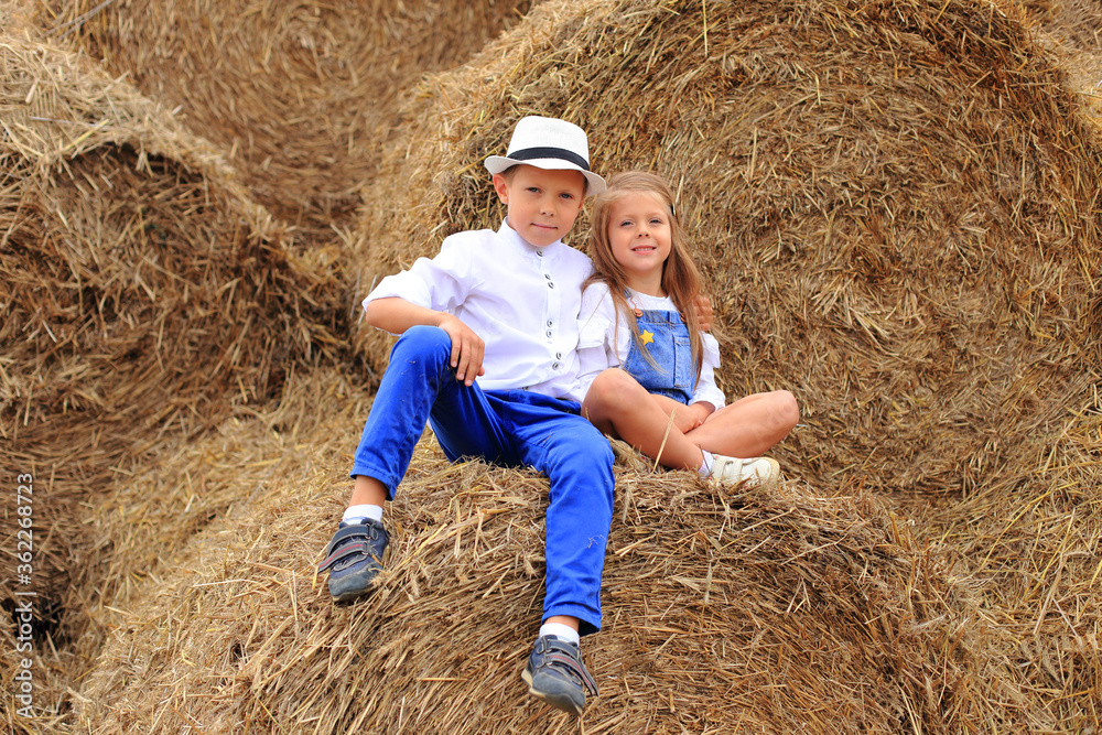Two children are high under the sky on a haystack in the hay season. Two children are high under the sky on a haystack in the hay season.