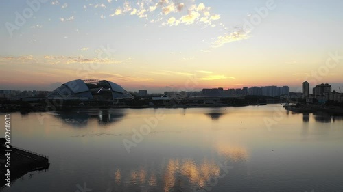 Mar 16/2019 4k aerial video of Sunrise at Singapore Sport Hub from above