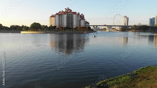 Singapore Mar 16/2019 4K aerial video  Early morning at a Park near Nicoll Highway MRT Station over looking to Kallang river photo