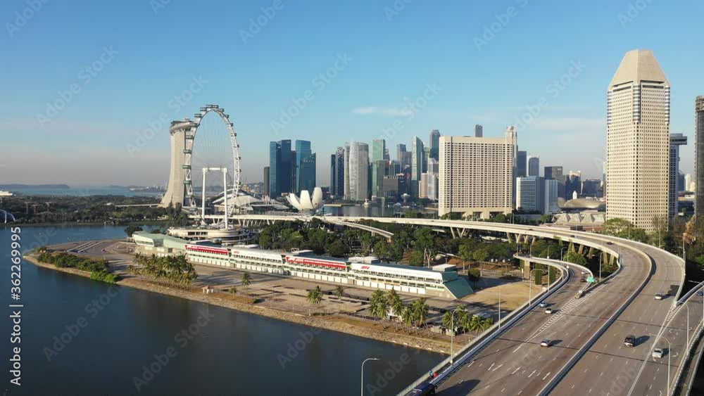 Mar 16/2019 4k aerial Early morning at Benjamin Sheares Flyover over looking to Central business district, Singapore
