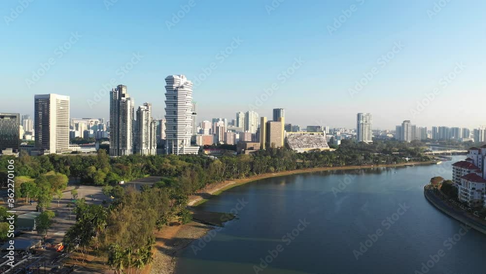 Mar 16/2019 Early morning at Benjamin Sheares Flyover over looking to Kallang - 4k video aerial, Singapore Mar 16/2019 Early morning at Benjamin Sheares Flyover over looking to Kallang - 4k video aerial, Singapore