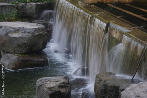Long exposure of a waterfall with rocks in the water path flow