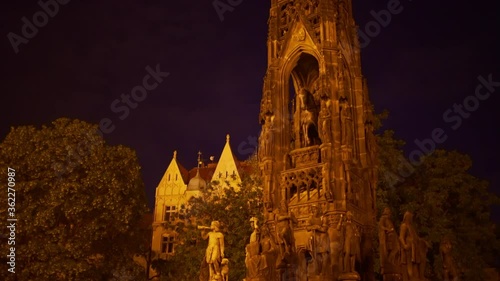 Historical Kranner's Fountain, Park of National Awakening In Prague, Czech Republic At Night. -  pan up photo