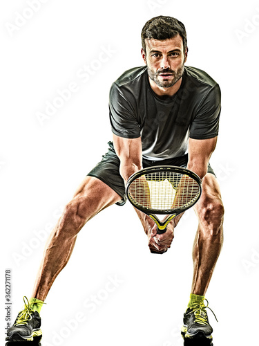 one caucasian mature tennis player man in studio isolated on white background © snaptitude