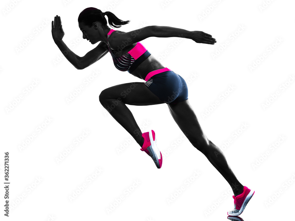 one young caucasian woman runner running jogger jogging athletics competition isolated on white background