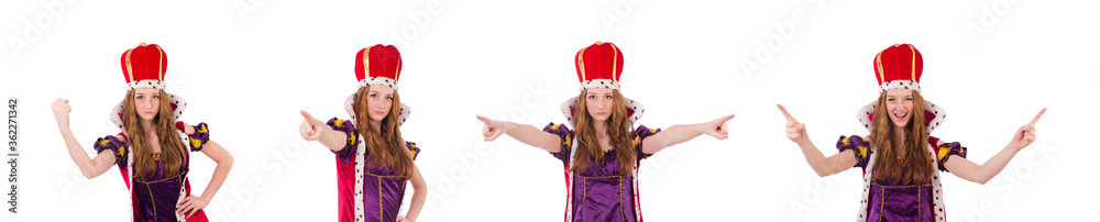 Pretty young queen in purple dress isolated on white Pretty young queen in purple dress isolated on white
