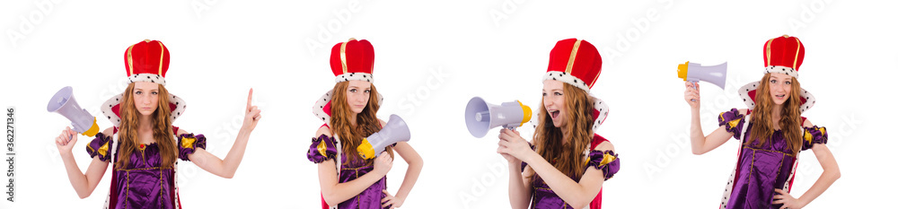 Pretty young queen with megaphone isolated on white Pretty young queen with megaphone isolated on white