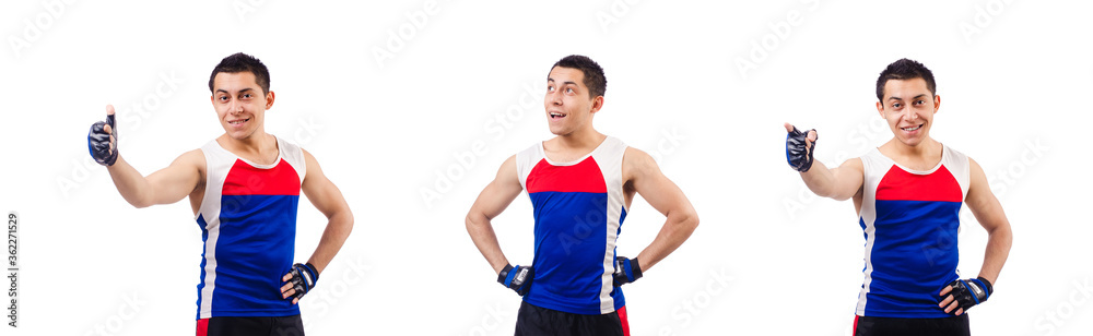 Funny man exercising on white Funny man exercising on white