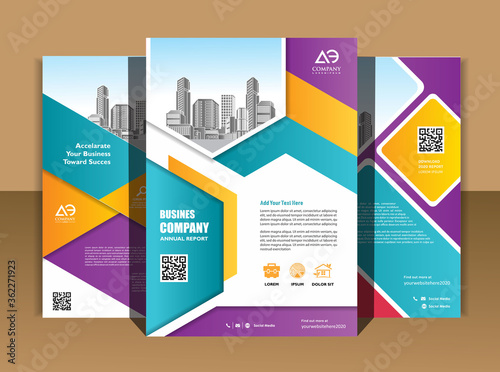 Brochure design, cover modern layout, annual report, poster, flyer in A4 with colorful geometric shapes for tech, science, market with light background