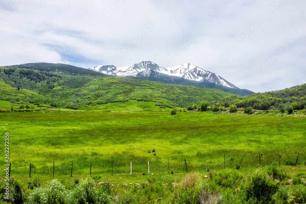Carbondale, USA grass ranch fence view of snow on Mt Sopris in Colorado with rocky mountain peak and open pasture field in Roaring Fork Valley Carbondale, USA grass ranch fence view of snow on Mt Sopris in Colorado with rocky mountain peak and open pasture field in Roaring Fork Valley