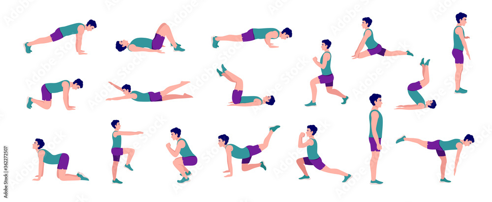 Workout Men set. Men doing fitness and yoga exercises. Lunges and squats, plank,Push Up,Mountain Climber, V-up,Bird Dog, Crunches and abc. Full body workout.