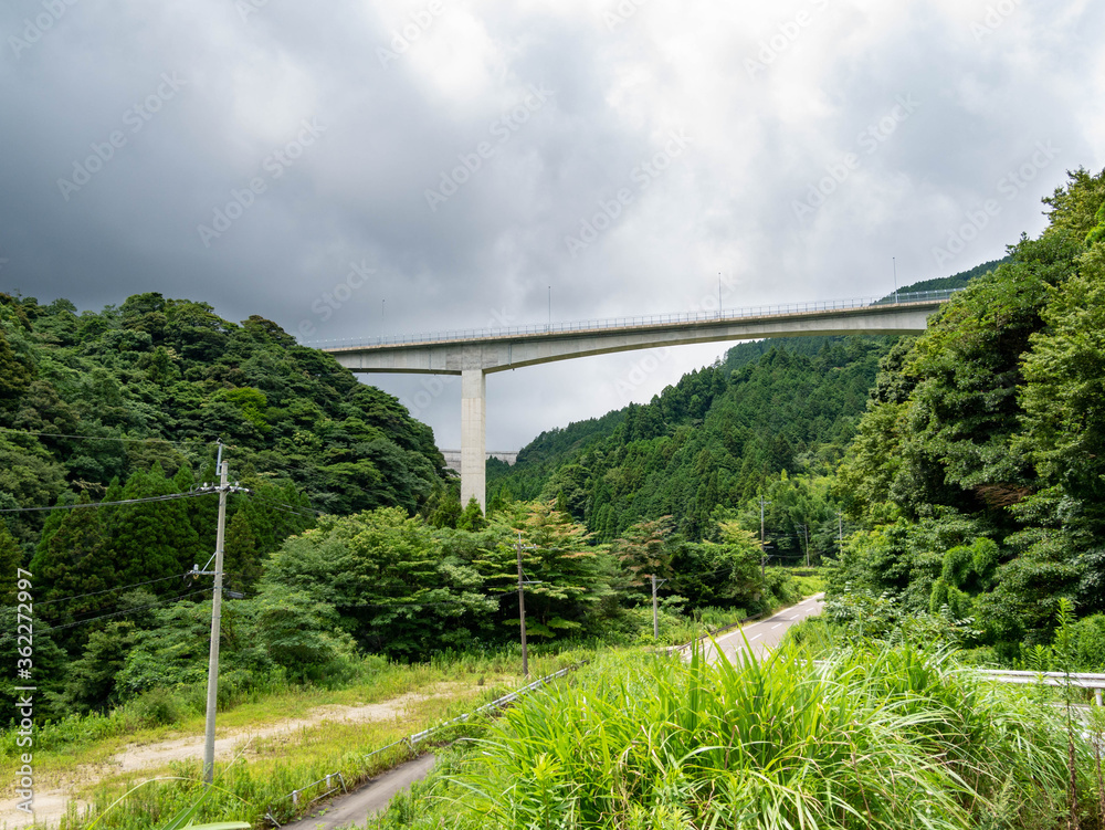 bridge crosses the valley in countryside of Fukuoka prefecture, JAPAN.