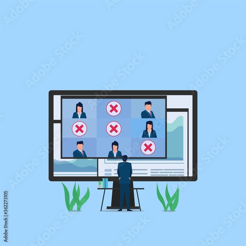 Manager ask absence other employee via video conference on monitor metaphor of online meeting. Business flat vector concept illustration.