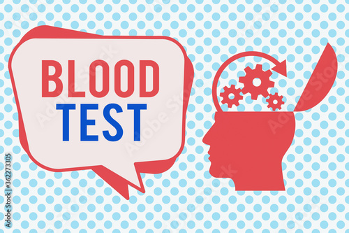 Writing note showing Blood Test. Business concept for Extracted blood sample from an organism to perfom a laboratory analysis Hu analysis Silhouette Topside Open with Gears and Bubble photo