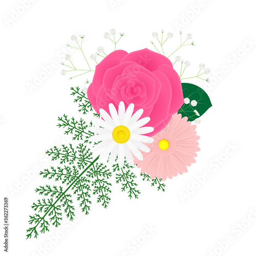 Illustration of a small bouquet of rose and African daisy
