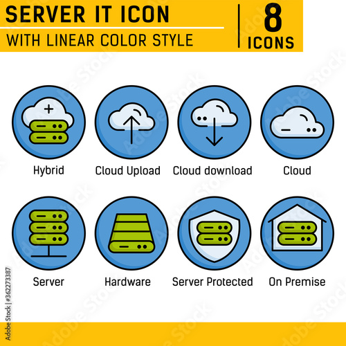 Server IT and technology icon set. Vector icon with flat style on isolated white background. Server IT icon set contains such icons as cloud, hybrid, server, hardware, on premise and other. EPS file