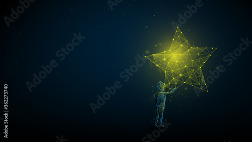 Children Reaching for the Star. Take a Star from the Sky, Dreams and Plans, concept. Low Poly, Wireframe, Line and Dots Vector Illustration