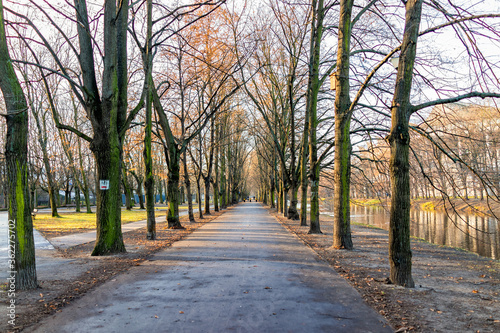 Warsaw, Poland - December 20, 2019: Warszawa Lazienki or Royal Baths Park with tree alley at sunset and nobody by water river © Kristina Blokhin