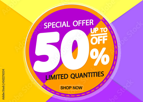 Sale 50% off, poster design template, discount banner, special offer, end of season, vector illustration