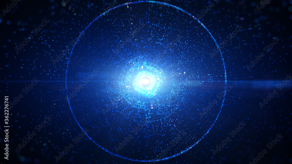 Fototapeta premium Blue color digital circle tunnel of cyberspace with particles and lighting, Technology network connections abstract background concept