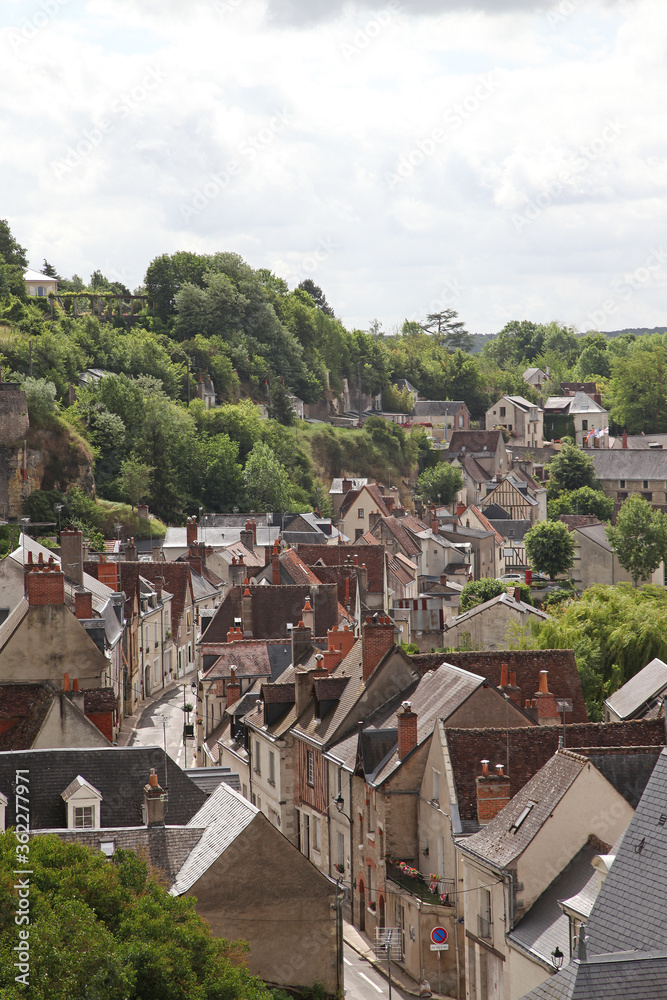 Views of the town of Amboise in Loire Valley, France showing buildings, river, roads, pathways and gardens