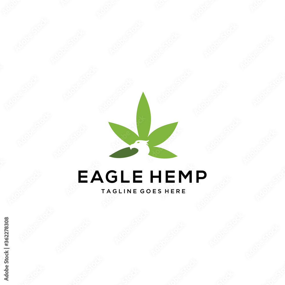 Illustration of cannabis leaf with a eagle head made from negative space art design.