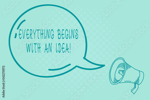 Text sign showing Everything Begins With An Idea. Business photo text things can be a reality with actions to take Blank Transparent Speech Bubble with Shining icon and Outline Megaphone