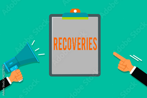 Word writing text Recoveries. Business photo showcasing process of regaining possession or control of something lost Two Hu analysis Hands Holding Megaphone another Pointing to a Blank Clipboard photo