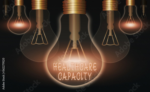 Text sign showing Healthcare Capacity. Business photo showcasing maximum amount of patients provided with the right medical service Realistic colored vintage light bulbs, idea sign solution thinking photo