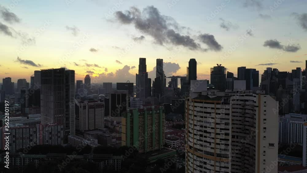 Singapore May 2019 4k aerial video of Outram Road looking to Chinatown skyline during sunset Singapore May 2019 4k aerial video of Outram Road looking to Chinatown skyline during sunset