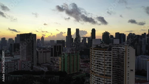 Singapore May 2019 4k aerial video of Outram Road looking to Chinatown skyline during sunset photo