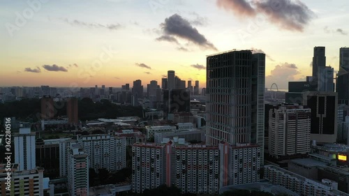 Singapore May 2019 4k aerial video of Outram Road looking to Chinatown skyline during sunset photo