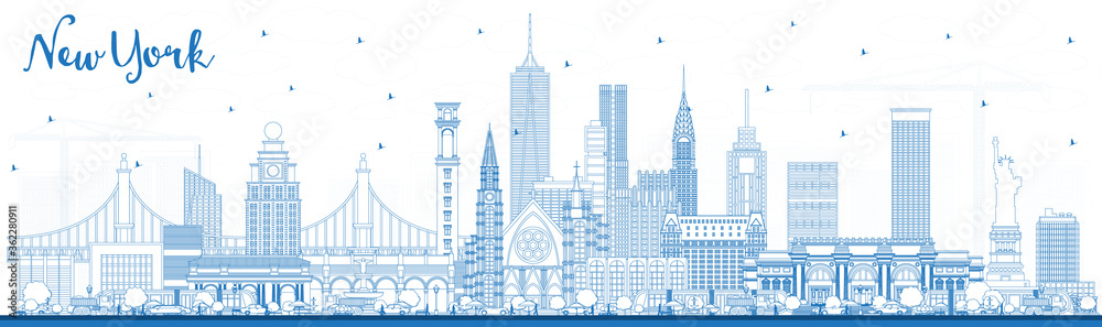 Outline New York USA City Skyline with Blue Buildings.