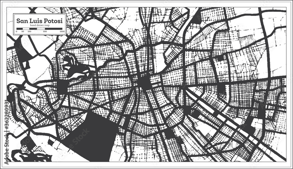 San Luis Potosi Mexico City Map in Black and White Color in Retro Style. Outline Map.
