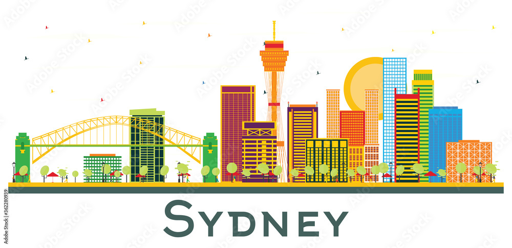 Sydney Australia City Skyline with Color Buildings Isolated on White.