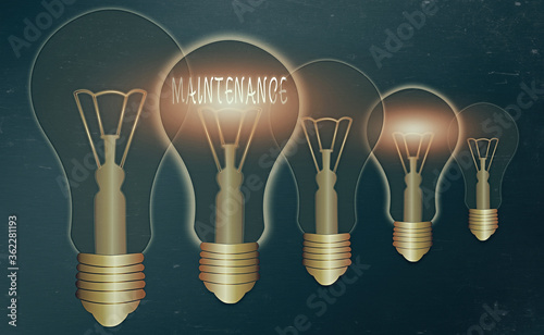 Handwriting text writing Maintenance. Conceptual photo method of preserving or maintaining someone or something Realistic colored vintage light bulbs, idea sign solution thinking concept photo