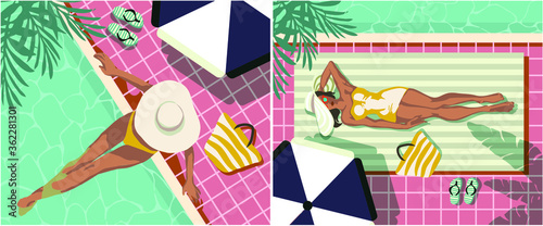 Attractive young woman silhouette with hat near pool. Isolated beauty girl concept relaxing near water on summer trip. Beautiful young woman with relaxing in blue swimming pool. Nice summer time. Vaca