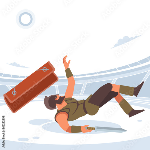 Gladiator lost in gladiatorial combat. Warrior's death. Vector isolated illustration. Flat cartoon style