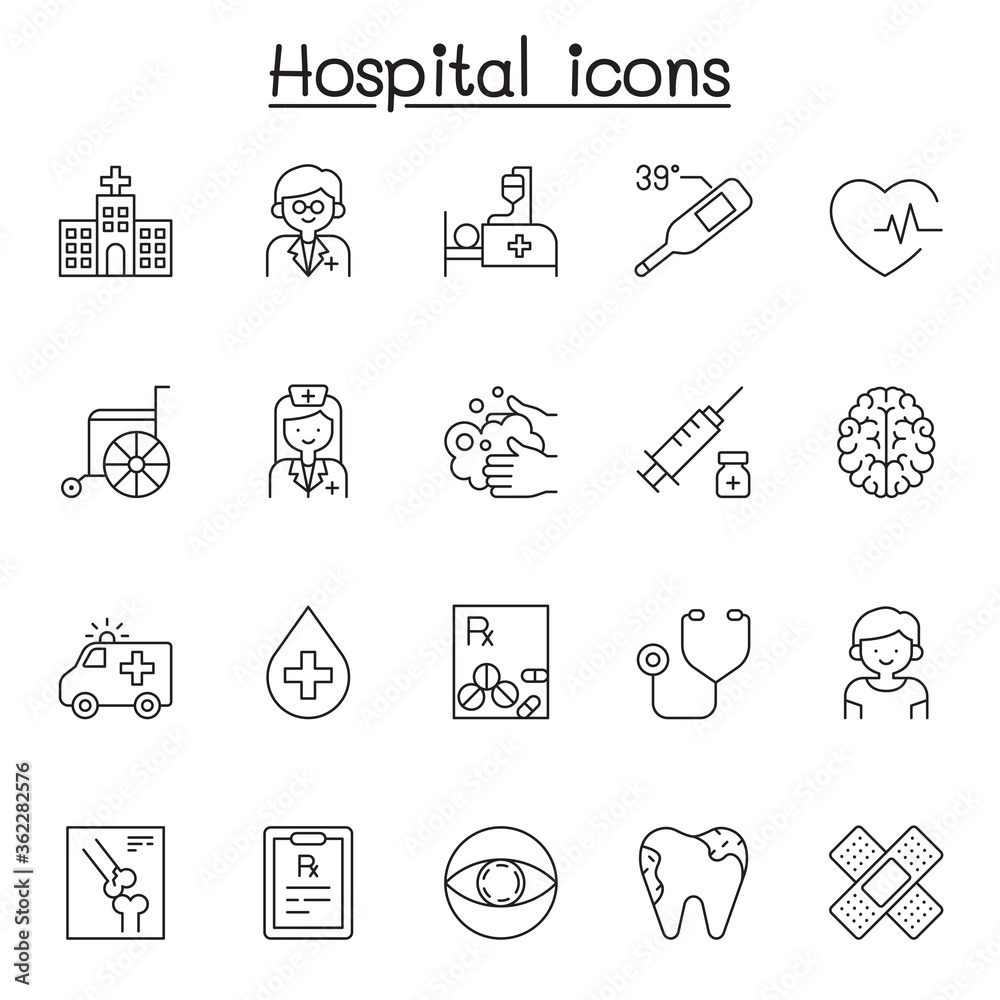 Hospital icons set in thin line style