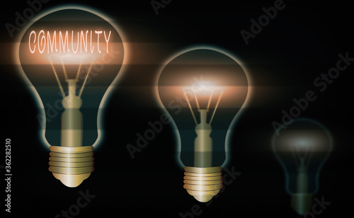 Word writing text Community. Business photo showcasing group of showing with a common characteristics living together Realistic colored vintage light bulbs, idea sign solution thinking concept photo