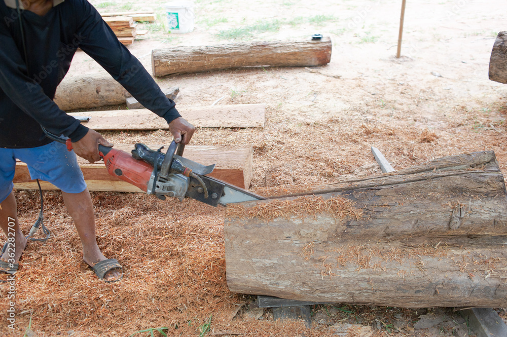 The carpenter saws the wood with an electric chain saw. The carpenter saws the wood with an electric chain saw.
