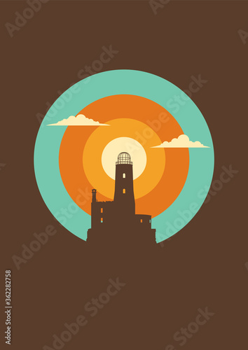 Old Lighthouse Seaview Illustration, Beacon's Silhouette, Clouds, Vintage Colors