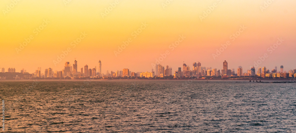 Panoramic view during sunset at Mumbai, Maharashtra, India.